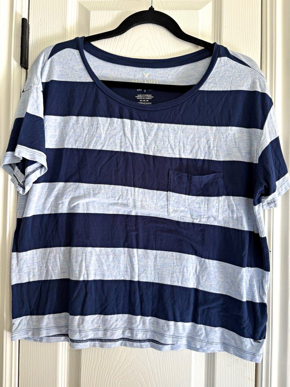 American Eagle Outfitters Women's M Blue Gray Striped Knit Stretch Scoop Tee